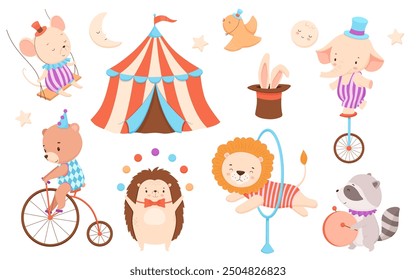 Cute circus animals. Funny retro elephant, lion and bear. Vector color illustrations set for kids and nursery