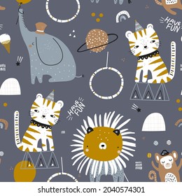 Animales de circo, león, tigre, mono, patrón sin fisuras de elefante. Diseño de estilo moderno divertido para tejidos, textiles, prendas de vestir.Ilustración vectorial