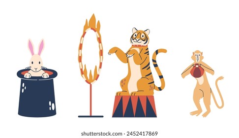 Lindos Animales De Circo, Malabarista De Monos, Tigre Saltando A Través Del Anillo De Fuego Y Conejo Blanco Sentado En Sombrero De Mago