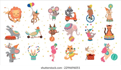 Cute circus animals performing tricks set. Funny baby lion, monkey, mouse, raccoon, elephant, tiger performing at circus show cartoon vector illustration