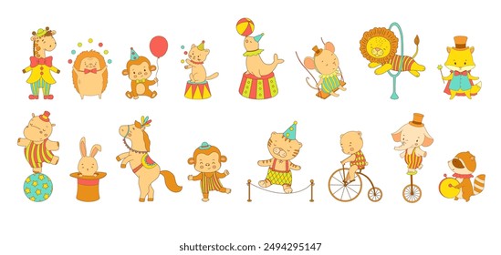 Cute circus animals in retro clothes, isolated illustrations set. Funny colorful lion, bear and giraffe. Hand drawn vector drawings for kids and nursery