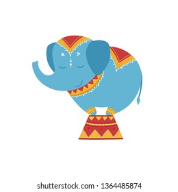 Cute circus asian elephant on a stand. Vector illustration in cartoon style.