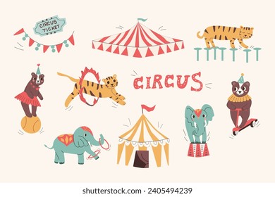 lindos circo de animales de bebé y tiendas de campaña - conjunto grande. Ilustración vectorial con elefante con anillos, sobre un tambor. Ten cuidado con la pelota y la bicicleta. Usable para rendimiento, banner, invitación. Diseño retro. 