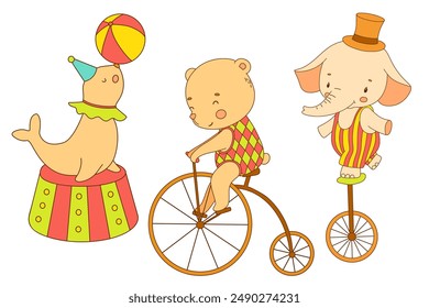 Cute circus bear and elephant on bike. Funny animals. Hand drawn color vector illustration for kids