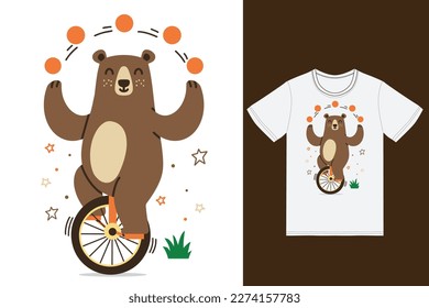 Cute circus bear illustration with tshirt design premium vector the Concept of Isolated Technology. Flat Cartoon Style Suitable for Landing Web Pages,T shirt, Flyers, Stickers