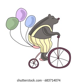 Cute circus bear riding a Bicycle with balloons. Vector illustration, isolated on white background.