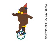 Cute Circus Bear Riding Unicycle – Flat Vector Illustration