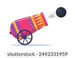 Cute circus cannon. Concept of circus equipment doing tricks and stunts for children, adults. Cannon firing. Vector illustration