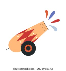 Cute circus cannon firing colorful paint. Concept of circus characters and equipment doing tricks and stunts for children, adults. Cannon firing. Flat cartoon vector illustration