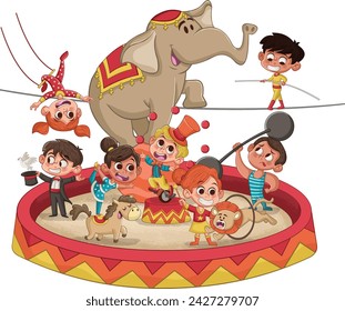 Cute circus cartoon characters and animals. Vintage carnival children.

