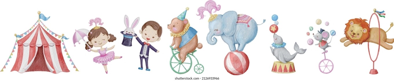 Cute circus cartoon vector illustration set. Watercolor illustrations on a posters and banners for a circus shows, gymnast, magician, animal lions, elephant, juggling mouse, sea lion, and circus tent.