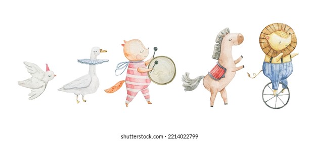 Cute circus cartoon vector illustration, animals set. Illustrations on a posters and banners for a circus shows, animal, characters, magician,  juggling,  and circus motives. Childish illustration
