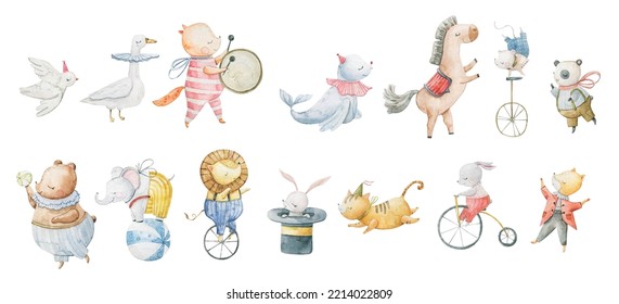 Cute circus cartoon vector illustration, animals set. Illustrations on a posters and banners for a circus shows, animal, characters, magician,  juggling,  and circus motives. Childish illustration
