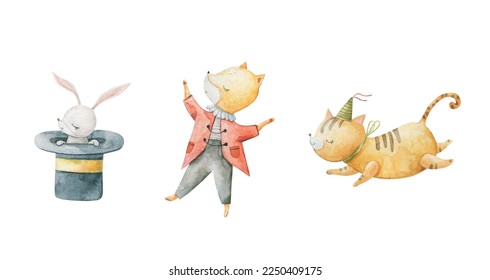 Cute circus cartoon vector illustration, animals set. Illustrations on a posters and banners for a circus shows, animal, characters, magician,  juggling,  and circus motives. Childish illustration
