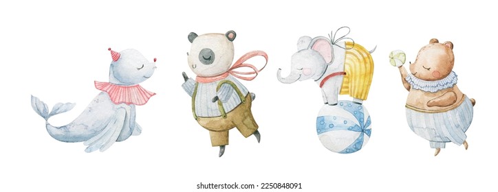 Cute circus cartoon vector illustration, animals set. Illustrations on a posters and banners for a circus shows, animal, characters, magician,  juggling,  and circus motives. Childish illustration
