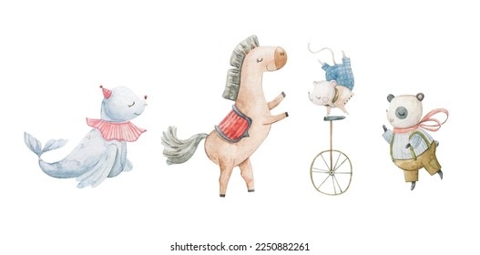 Cute circus cartoon vector illustration, animals set. Illustrations on a posters and banners for a circus shows, animal, characters, magician,  juggling,  and circus motives. Childish illustration
