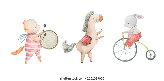 Cute circus cartoon vector illustration, animals set. Illustrations on a posters and banners for a circus shows, animal, characters, magician,  juggling,  and circus motives. Childish illustration
