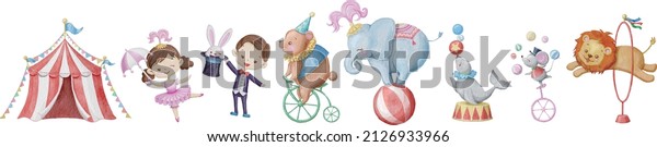 Cute circus cartoon vector illustration set.\
Watercolor illustrations on a posters and banners for a circus\
shows, gymnast, magician, animal lions, elephant, juggling mouse,\
sea lion, and circus\
tent.
