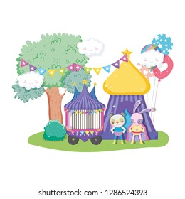 cute circus cat and rabbit in tent