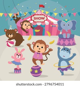 Cute Circus Characters and Tent Collection Set with Ringmaster and Acrobat Animals Vector Illustration Isolated