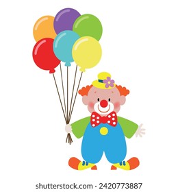 Cute circus clown with balloons vector cartoon illustration