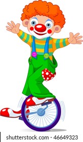 Cute Circus Clown on Unicycling. Vector Illustration