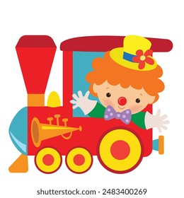 Cute circus clown in train vector cartoon illustration