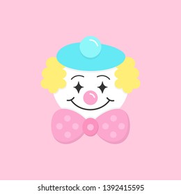 Cute circus clown vector graphic illustration icon. Hand drawn carnival, funfair clown performer. Clown with pink nose, blue beret, yellow hair and big pink bow tie. Isolated on light pink background.