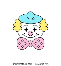 Cute circus clown vector outlined illustration icon. Hand drawn carnival, funfair clown performer. Clown with pink nose, blue beret, yellow hair and big pink bow tie. Isolated.