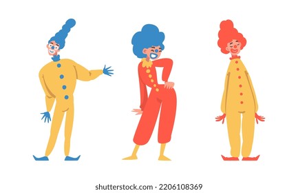 Cute circus clowns performing at show set vector illustration