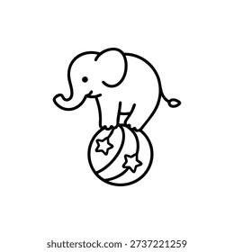 Cute circus elephant balancing on ball black and white vector illustration