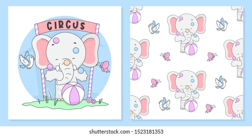 Cute Circus Elephant Illustration with pattern seamless. vector Illustration ready for print.