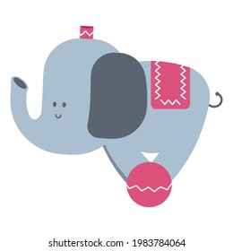 Cute circus elephant on ball vector cartoon character isolated on a white background.