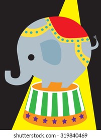 Cute Circus Elephant on Barrel With Stripes and Stars In Spotlight