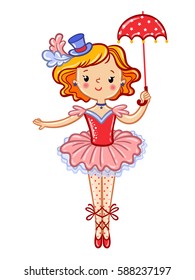 Cute circus girl illustration. Postcard, card, poster or invitation with a cute circus girl. Wonderful illustration of circus artist. Vector illustration.