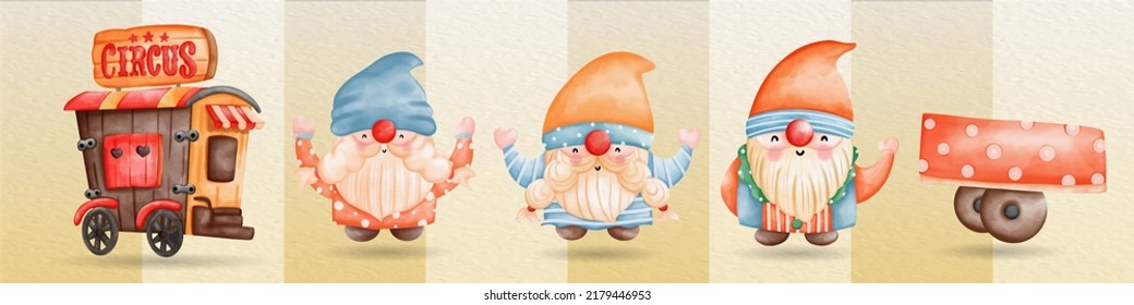 Cute Circus Gnome and Clown illustrations for decoration. Watercolor hand painted Circus set
