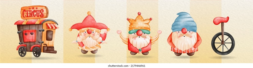Cute Circus Gnome illustrations for decoration. Watercolor hand painted Circus set
