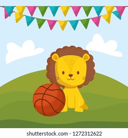 cute circus lion with basket balloon
