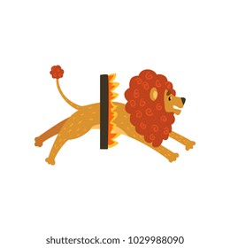 Cute circus lion cartoon character jumping through a ring of fire vector Illustration on a white background