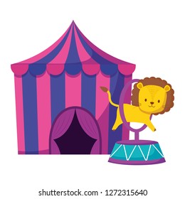 cute circus lion jumping ring in tent