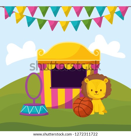 cute circus lion jumping ring in tent