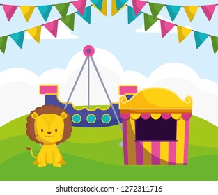 cute circus lion with kiosk and boat