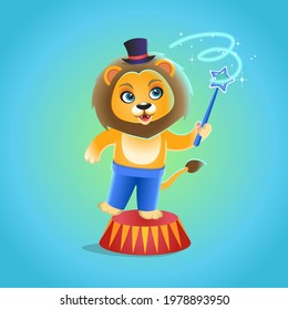 Cute circus lion with magic wand. Cartoon vector character for kids.