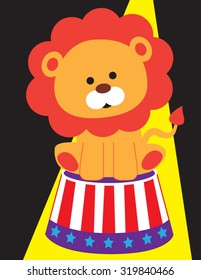 Cute Circus Lion on Barrel With Stripes and Stars In Spotlight