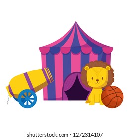 cute circus lion with rocket and balloon