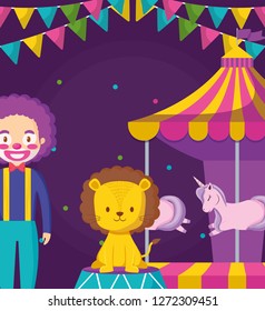 cute circus lion in stage with clown