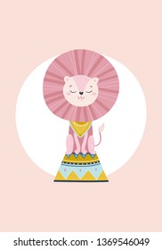 Cute circus lion. Vector vintage poster in the nursery. Cartoon illustration in the Scandinavian style in pastel colors.