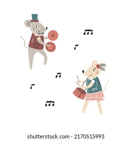 Cute circus mice playing musical instruments. Vector illustration for your design on a white background.