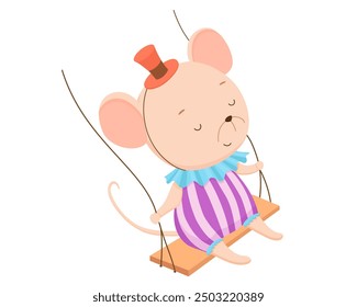Cute circus mouse on swing. Funny retro animal. Vector color illustration for kids and nursery