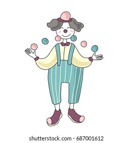 Cute circus performer. Man clown juggling balls. Vector illustration, isolated on white background.